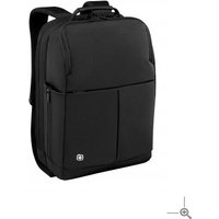 Black Wenger/SwissGear Reload 16" backpack with sleek design, front zip pocket, and padded shoulder straps.