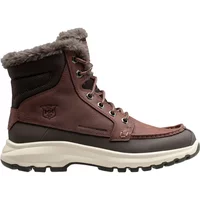 Brown Helly Hansen Garibaldi V3 winter boots with fur lining, lace-up front, and rugged white sole.