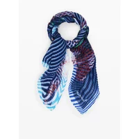 Blue and white striped Desigual foulard with abstract patterns and multicolored accents.