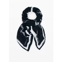Black Desigual foulard with white abstract patterns and script accents, lightweight fabric, rectangular shape.