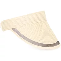 Beige woven visor hat with wide brim and elastic back strap.