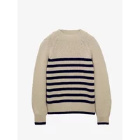 Cream Aigle Raye sweater with navy horizontal stripes and ribbed cuffs.