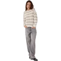 Cream and gray striped sweater with long sleeves and relaxed fit worn by a woman.