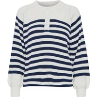 White and navy striped sweater with long sleeves, buttoned neckline, and ribbed cuffs by Atelier Rêve.