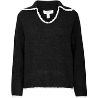 Black b.Young BYNinna sweater with white scalloped trim on collar and hem, long sleeves, and relaxed fit.