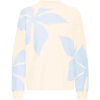 Cream b.Young sweater with light blue abstract leaf pattern, long sleeves, and crew neckline.