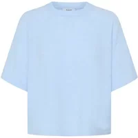 Light blue b.Young BYXmarsine women's sweater with short sleeves and a round neckline.