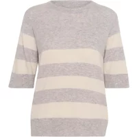 Gray and cream striped women's sweater with elbow-length sleeves and round neckline.