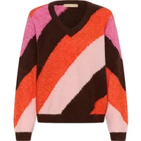 V-neck sweater with bold diagonal stripes in orange, pink, brown, and black, featuring a textured knit design.