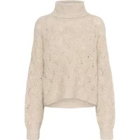 Beige turtleneck sweater with cable knit pattern and long sleeves, slightly cropped fit.