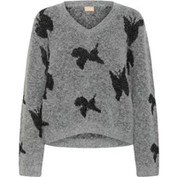 Gray CULTURE Freya sweater with black floral pattern, V-neck, and long sleeves.