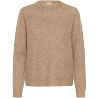 Beige knit sweater with long sleeves, crew neck, and ribbed cuffs and hem, "CULTURE Katrina" design.