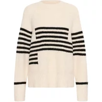 Cream sweater with black horizontal stripes on chest and sleeves, round neckline, and ribbed cuffs.