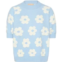 Light blue sweater with white floral pattern, short sleeves, and ribbed cuffs.