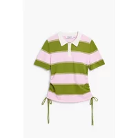 Green and pink striped Desigual sweater with short sleeves, white collar, and side drawstrings.