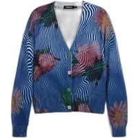 Blue Desigual Nora sweater with floral pattern, V-neck, and button closure.