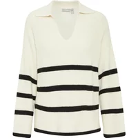 Cream fransa Ally 2 sweater with black horizontal stripes and a V-neck collar.