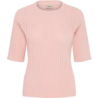 Pink fransa Cammy 1 women's sweater with ribbed texture, short sleeves, and round neckline.