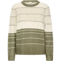 Cream and olive striped women's sweater with round neckline and long sleeves.