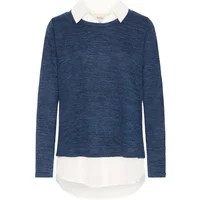 Blue fransa FREmmie 1 sweater with white collar and hem, long sleeves, and a textured knit pattern.