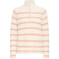 Cream and pink striped women's sweater with ribbed texture and half-zip collar.