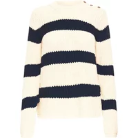 Cream and black striped sweater with long sleeves and button details on the shoulder.