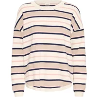 Striped sweater fransa Melani 17 with beige, navy, and pink horizontal stripes, long sleeves, and round neckline.