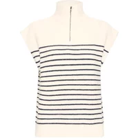 Cream fransa Vinna 1 sweater with navy horizontal stripes, short sleeves, and a half-zip high collar.