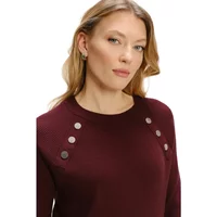 Burgundy Greenpoint woman sweater with round neck and decorative silver buttons on shoulders.