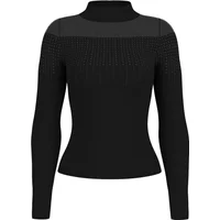 Black Guess Jeena Embellish sweater with long sleeves, high neckline, and textured embellishments on shoulders and chest.