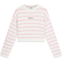 White and pink striped Guess women's sweater with long sleeves and crew neck.