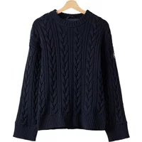 Navy blue Holebrook Juno WP sweater with cable knit pattern, ribbed cuffs, and crew neckline.
