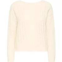 Cream Ichi Besiane women's sweater with cable knit pattern, long sleeves, and round neckline.
