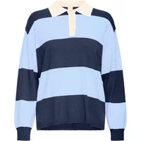 Blue and navy striped Ichi Boston 14 sweater with a white collar and button placket.
