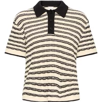 Black and white striped short-sleeve sweater with a black collar and buttoned placket.