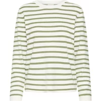 White and green striped Ichi IHLuls women's sweater with long sleeves and crew neckline.