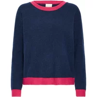 Navy blue Ichi IHXluna sweater with pink crew neckline and cuffs, long sleeves, and relaxed fit.