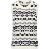 Sleeveless white sweater with navy and gray wavy stripe pattern, crew neck, by Kaffe.