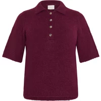 Burgundy KAFFE Curve Emilia sweater with short sleeves, collar, and four-button placket.