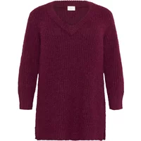 Burgundy KAFFE Curve KCania sweater with V-neck, long sleeves, and ribbed texture.