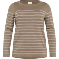 Beige and taupe striped long-sleeve sweater, round neckline, ribbed cuffs, and hem by KAFFE Curve.