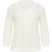 White V-neck sweater by KAFFE Curve with vertical eyelet detailing and long sleeves.