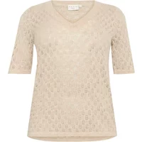 Beige V-neck sweater by KAFFE Curve with short sleeves and textured knit pattern.
