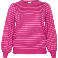 Pink KAFFE Curve Malia sweater with white horizontal stripes and balloon sleeves.