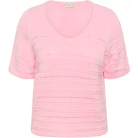 Pink KAFFE Curve Melia sweater with short sleeves, V-neck, and horizontal textured stripes.