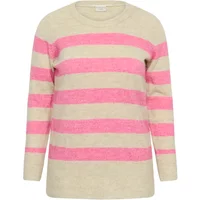 KAFFE Curve Niela sweater, beige with wide pink horizontal stripes, long sleeves, crew neck.