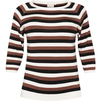 Striped sweater by KAFFE Curve Tilda, featuring brown, black, and white horizontal stripes with three-quarter sleeves.