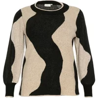 Black and beige wavy pattern sweater with long sleeves and round neckline by KAFFE Curve.