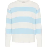 White and light blue striped knit sweater with long sleeves and crew neckline.