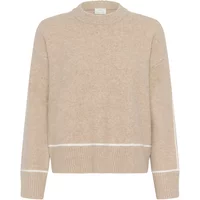 Beige KAFFE Jinie women's sweater with ribbed cuffs, hem, and subtle white stripe accents on sleeves and hem.